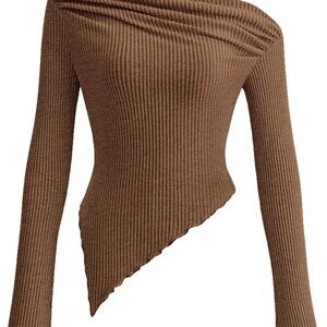 Women's Knit Crop Top Off Shoulder Long Sleeve Asymmetrical Fitted Trendy